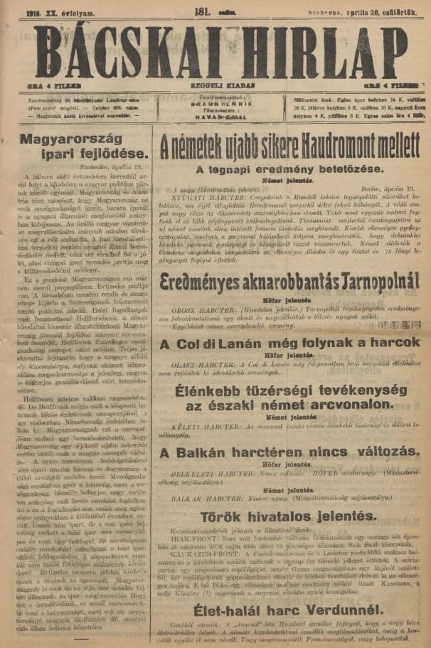 Bácskai Hirlap, 20. évf. 1916. április 20. 181. sz.