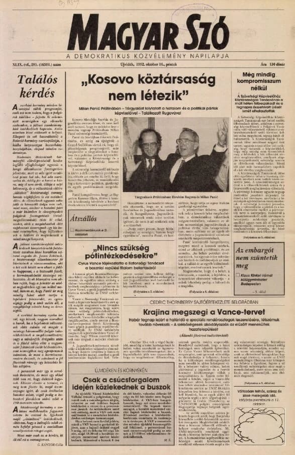 Magyar Szó, 49. évf. 1992. október 16. 285. sz. 1–16. oldal