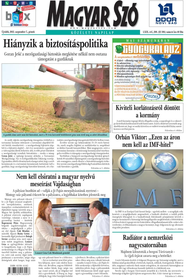 Magyar Szó, 69. évf. 2012. szeptember 7. 208. sz. 1–20. oldal