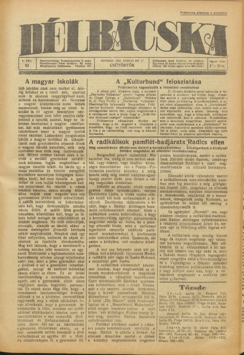 Délbácska, 5. évf. 1924. április 17. 92. sz.