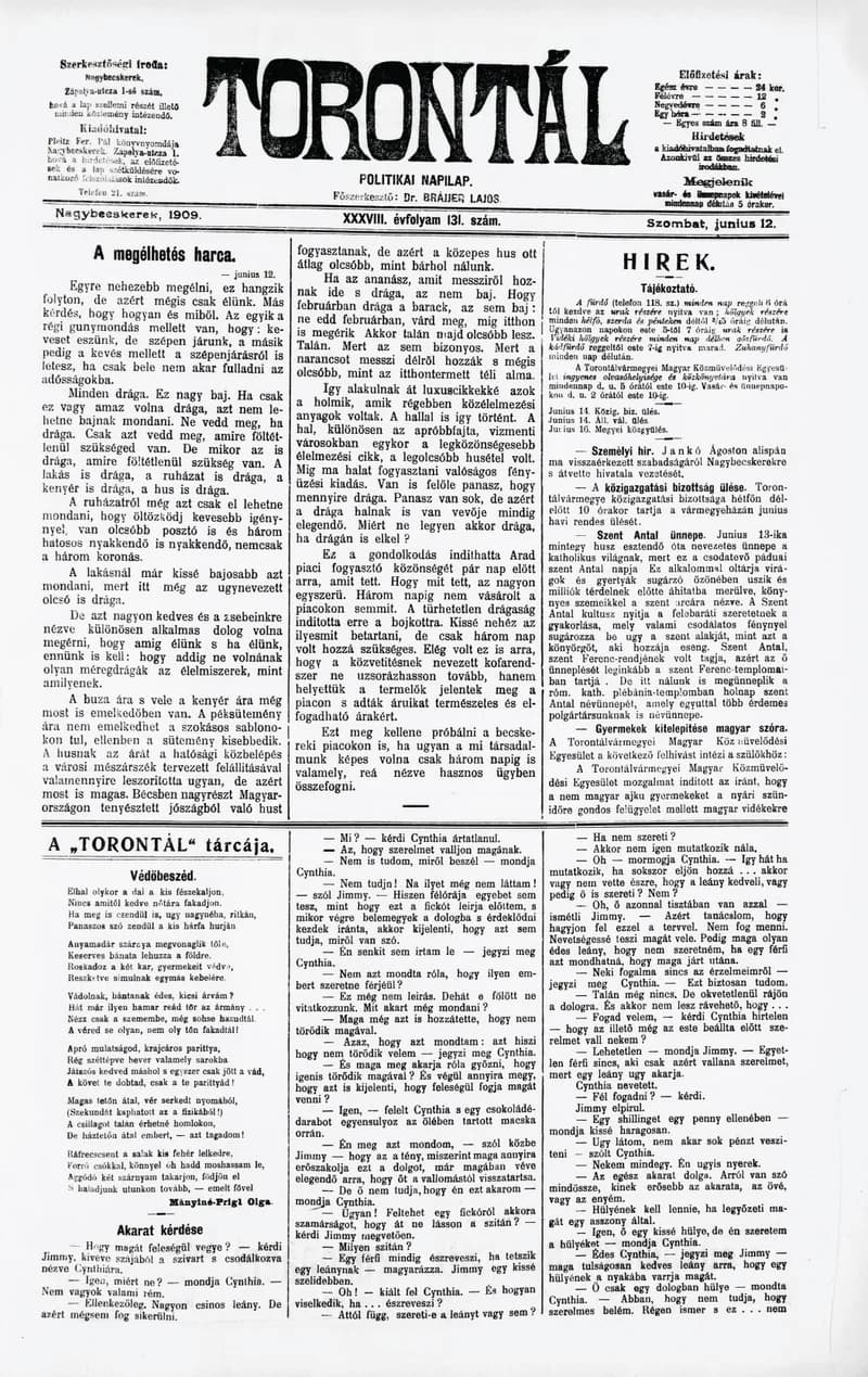 Torontál, 38. évf. 1909. június 12. 131. sz.
