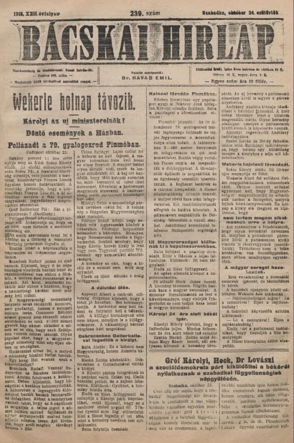Bácskai Hirlap, 22. évf. 1918. október 24. 239. sz.