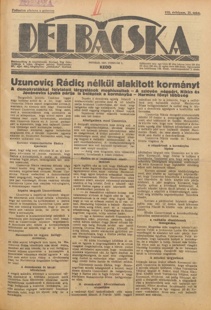 Délbácska, 8. évf. 1927. február 1. 25. sz.