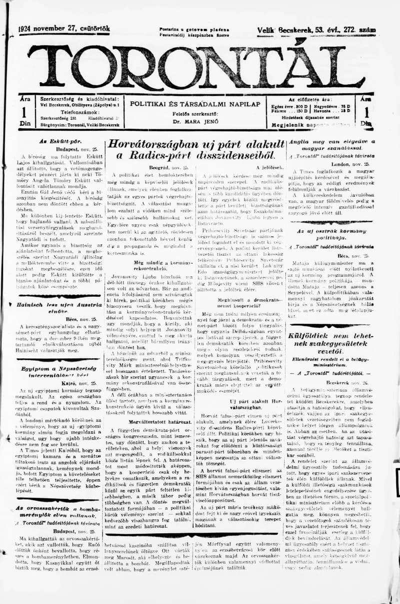 Torontál, 53. évf. 1924. november 27. 272. sz.