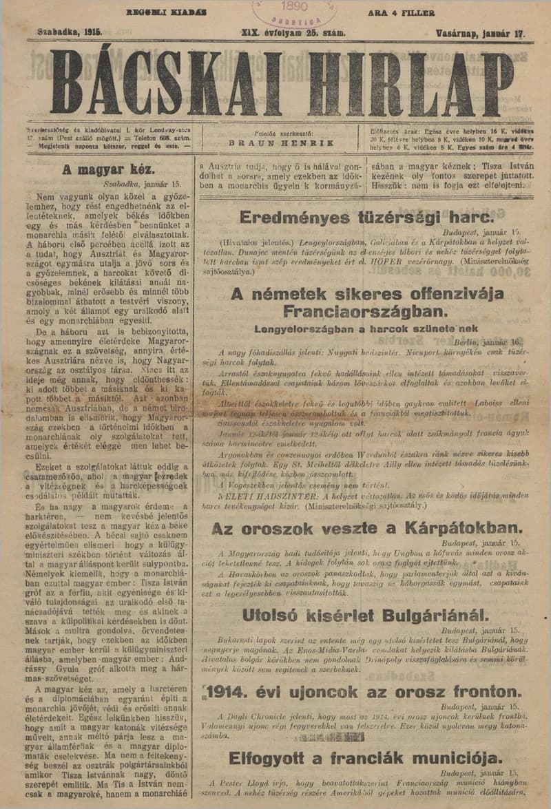 Bácskai Hirlap, 19. évf. 1915. január 17. 25. sz.