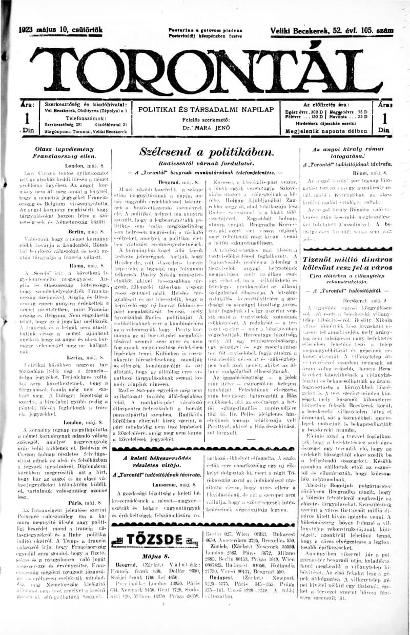 Torontál, 52. évf. 1923. május 10. 105. sz.