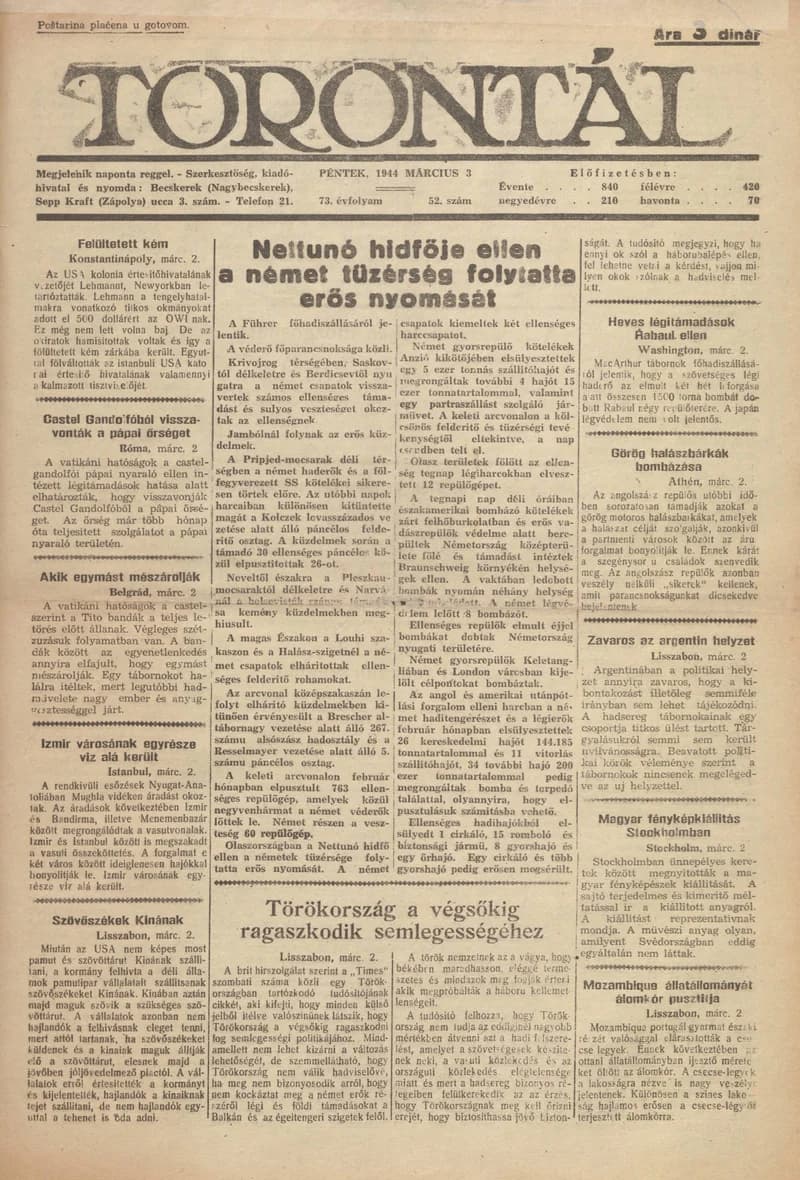 Torontál, 73. évf. 1944. március 3. 52. sz.