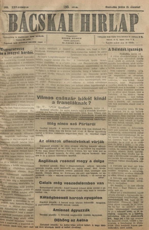 Bácskai Hirlap, 22. évf. 1918. június 15. 135. sz.