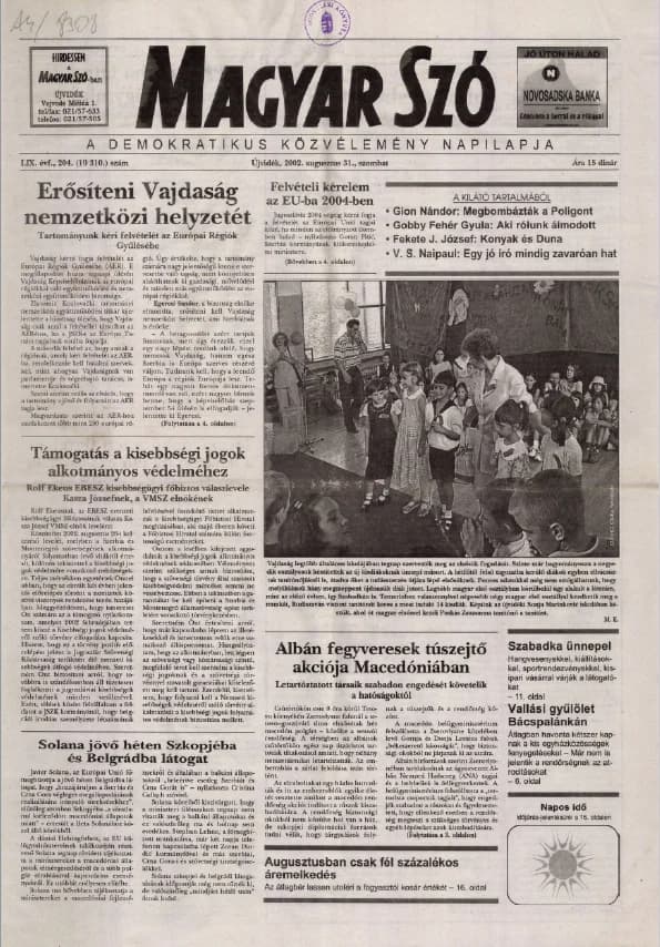 Magyar Szó, 59. évf. 2002. augusztus 31. 204. sz. 1–16. oldal