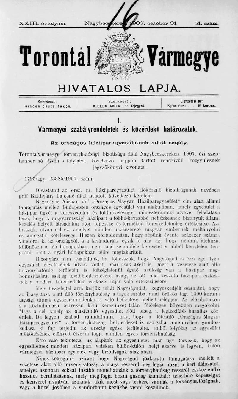 Torontál Vármegye Hivatalos Lapja, 23. évf. 1907. október 31. 51. sz.