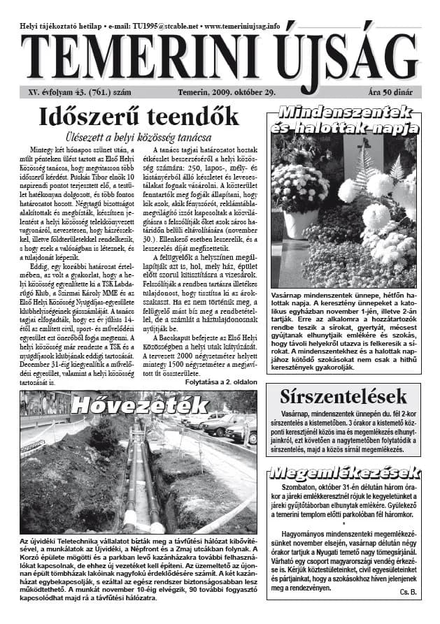 Temerini Újság, 15. évf. 2009. október 29. 43. sz.