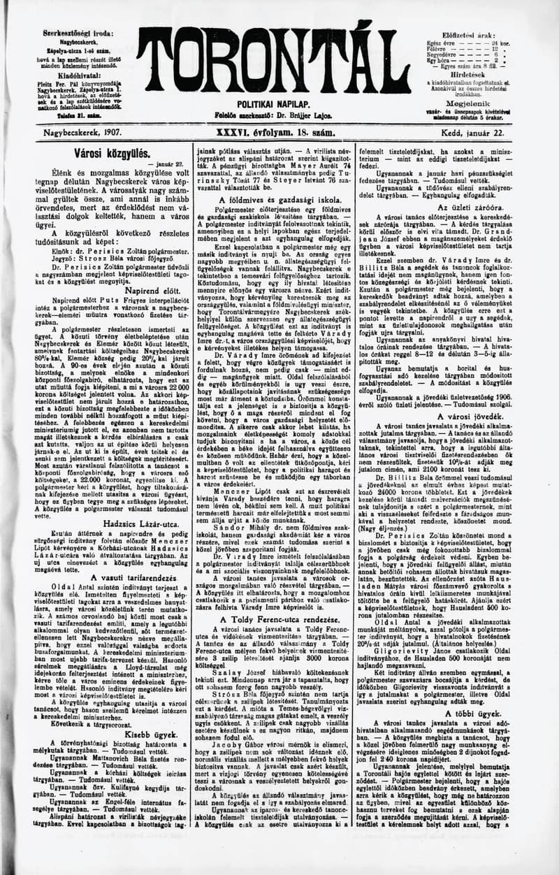Torontál, 36. évf. 1907. január 22. 18. sz.