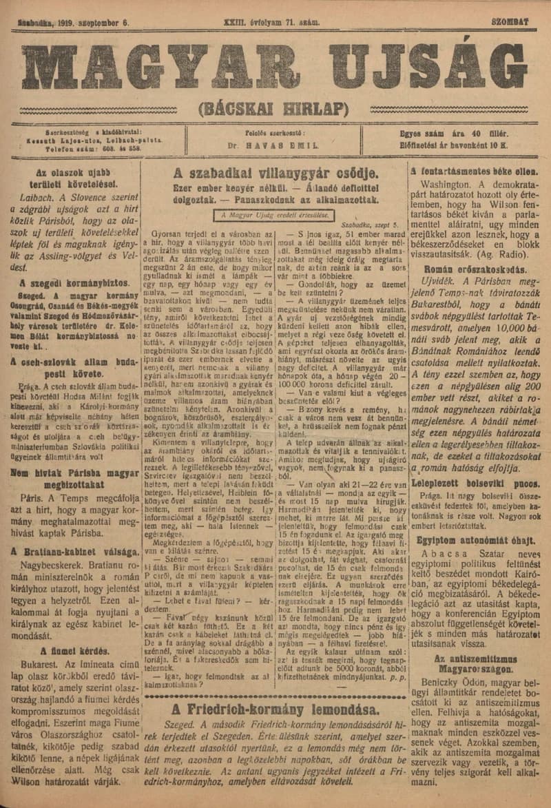 Bácskai Hirlap, 23. évf. 1919. szeptember 6. 71. sz.
