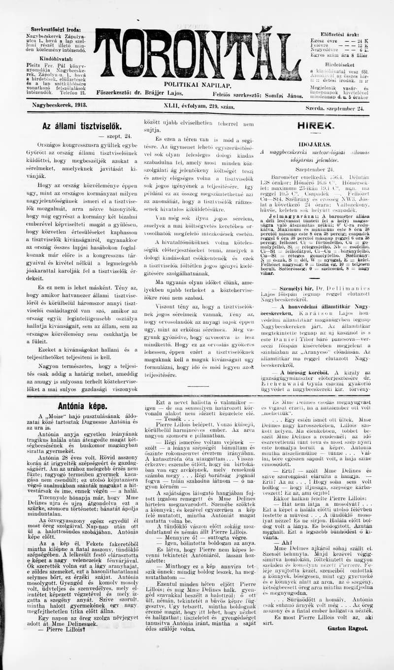 Torontál, 42. évf. 1913. szeptember 24. 219. sz.