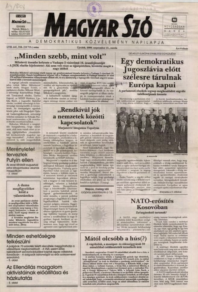 Magyar Szó, 57. évf. 2000. szeptember 13. 216. sz. 1–16. oldal