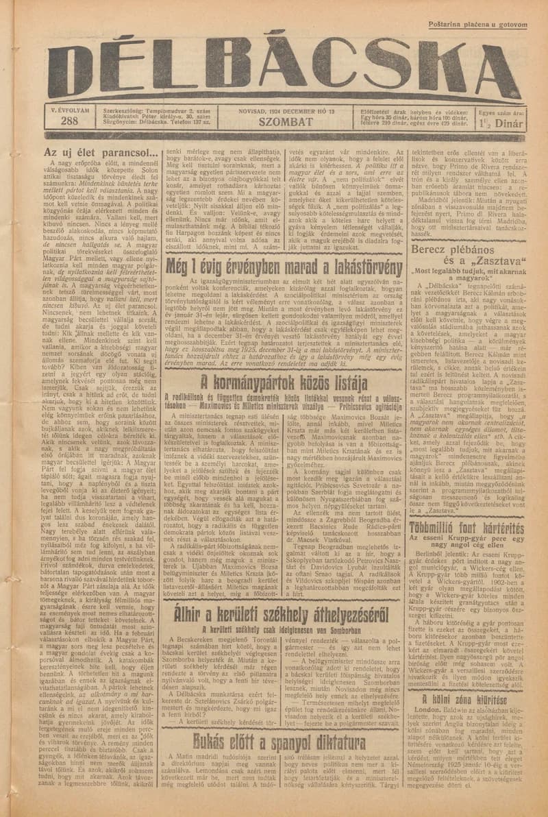 Délbácska, 5. évf. 1924. december 13. 288. sz.