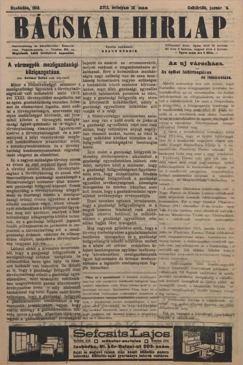 Bácskai Hirlap, 17. évf. 1913. január 16. 12. sz.