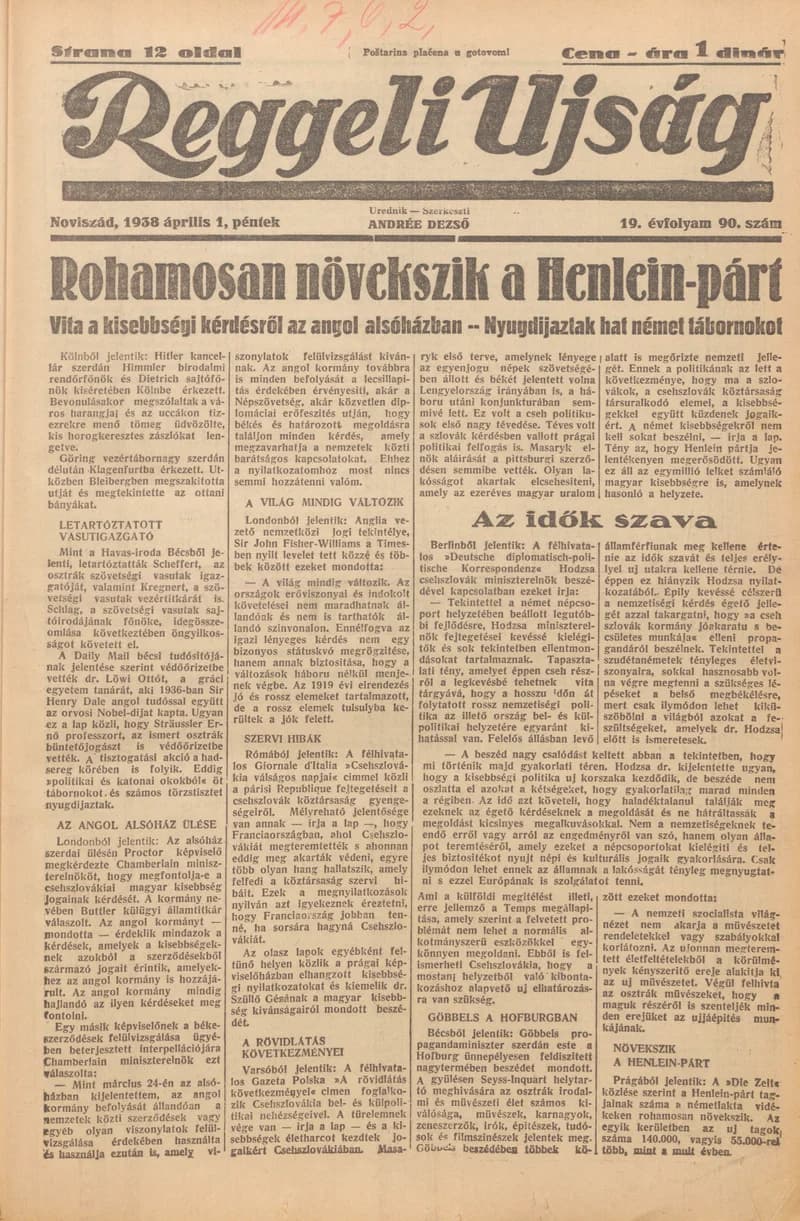 Reggeli Újság, 19. évf. 1938. április 1. 90. sz.