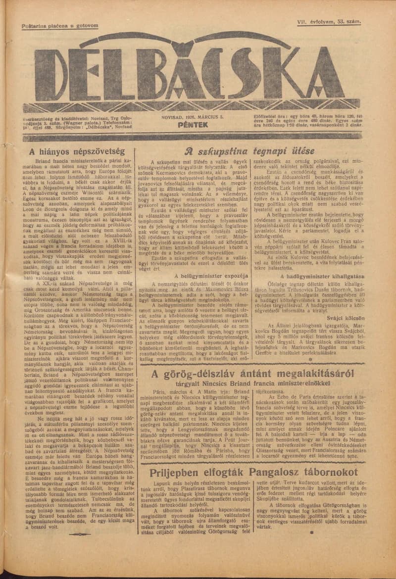 Délbácska, 7. évf. 1926. március 5. 53. sz.