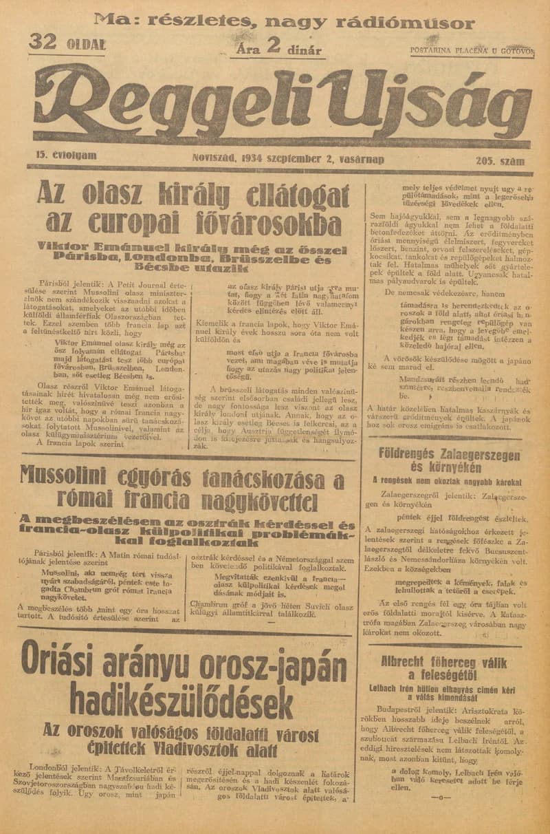 Reggeli Újság, 15. évf. 1934. szeptember 2. 205. sz.