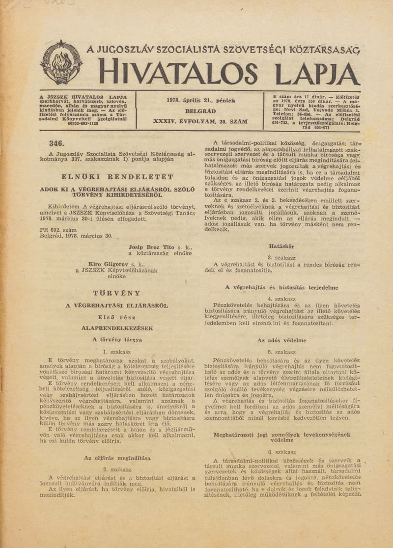 A Jugoszláv Szocialista Szövetségi Köztársaság Hivatalos Lapja, 34. évf. 1978. április 21. 20. sz. 673–740. oldal