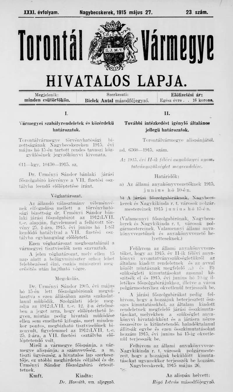 Torontál Vármegye Hivatalos Lapja, 31. évf. 1915. május 27. 23. sz.