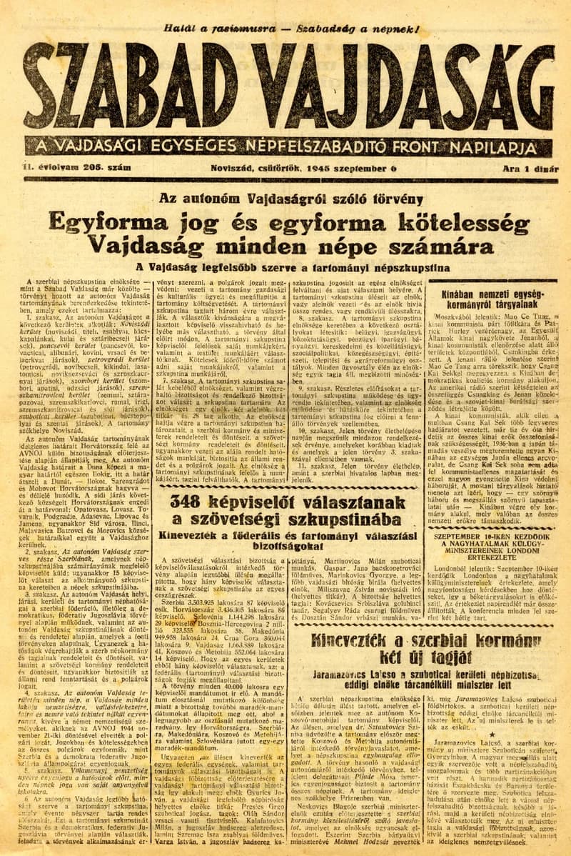 Szabad Vajdaság, 2. évf. 1945. szeptember 6. 205. sz.