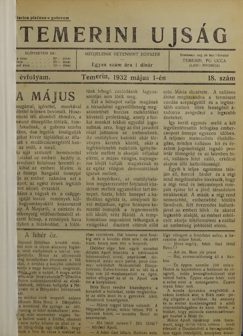 Temerini Újság 1928-1944, 5. évf. 1932. május 1. 18. sz.
