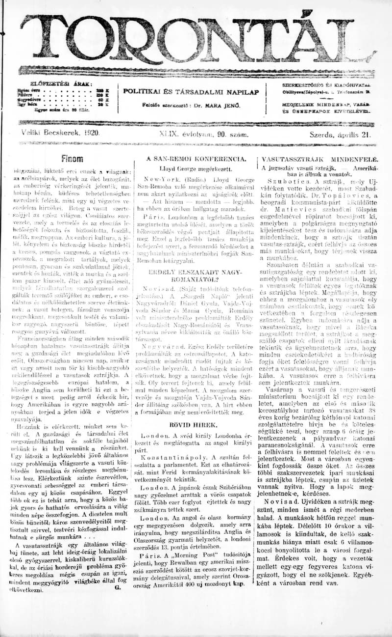 Torontál, 49. évf. 1920. április 21. 90. sz.