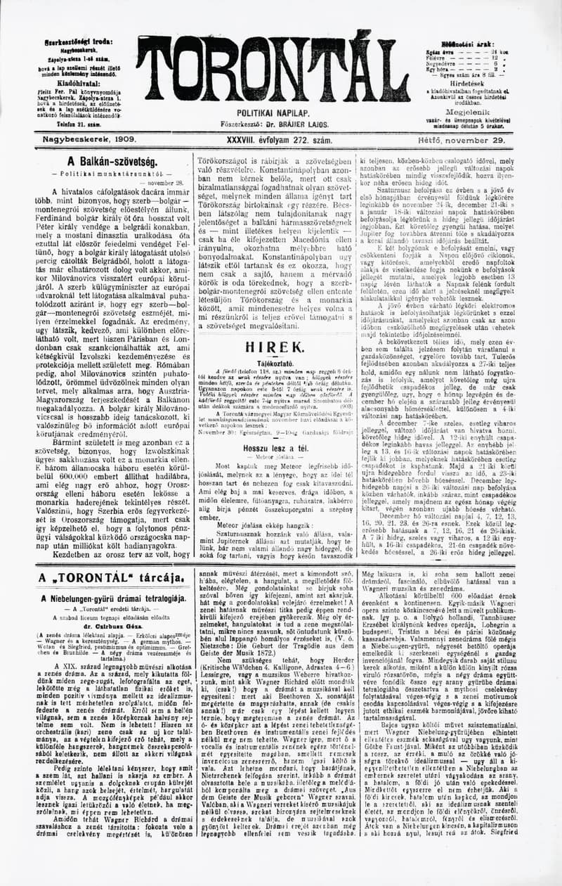 Torontál, 38. évf. 1909. november 29. 272. sz.