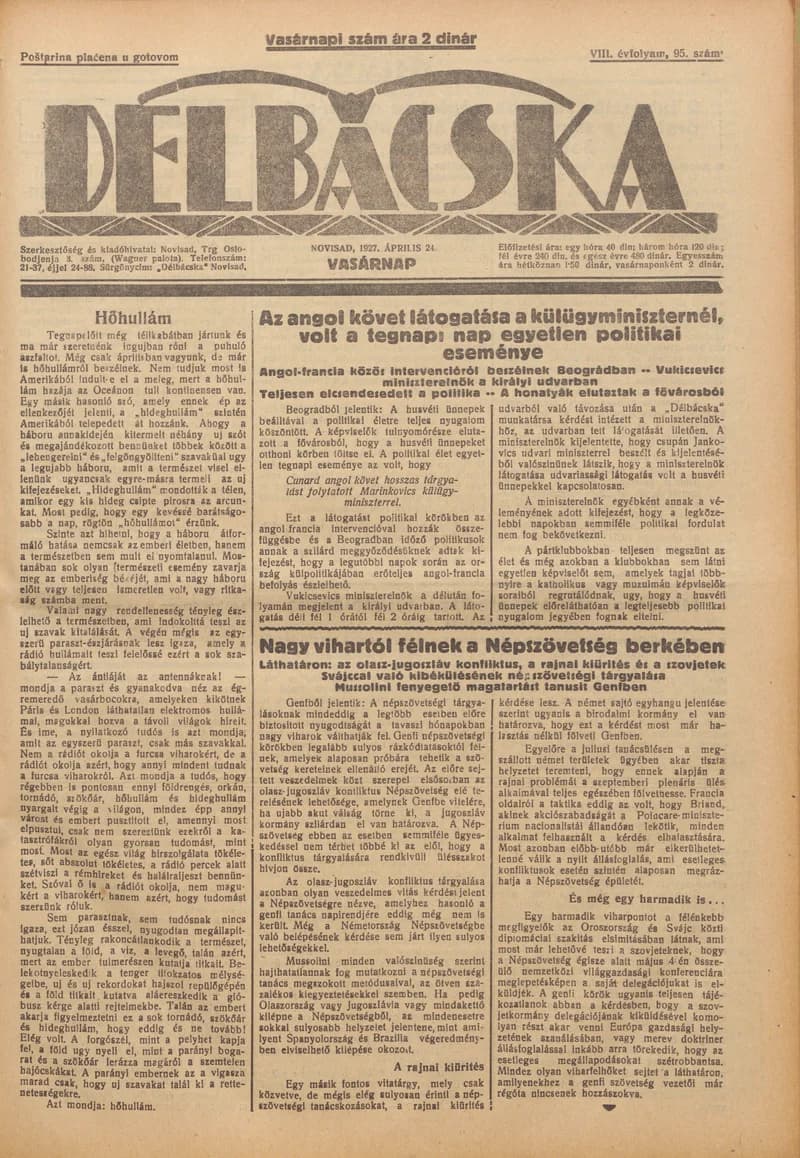 Délbácska, 8. évf. 1927. április 24. 95. sz.