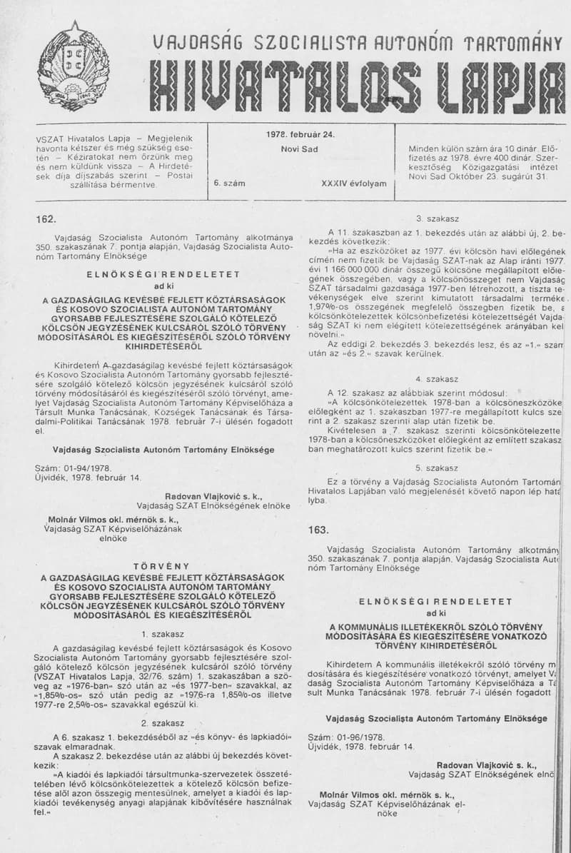 Vajdaság Szocialista Autonóm Tartomány Hivatalos Lapja, 34. évf. 1978. február 24. 6. sz. 213–232. oldal