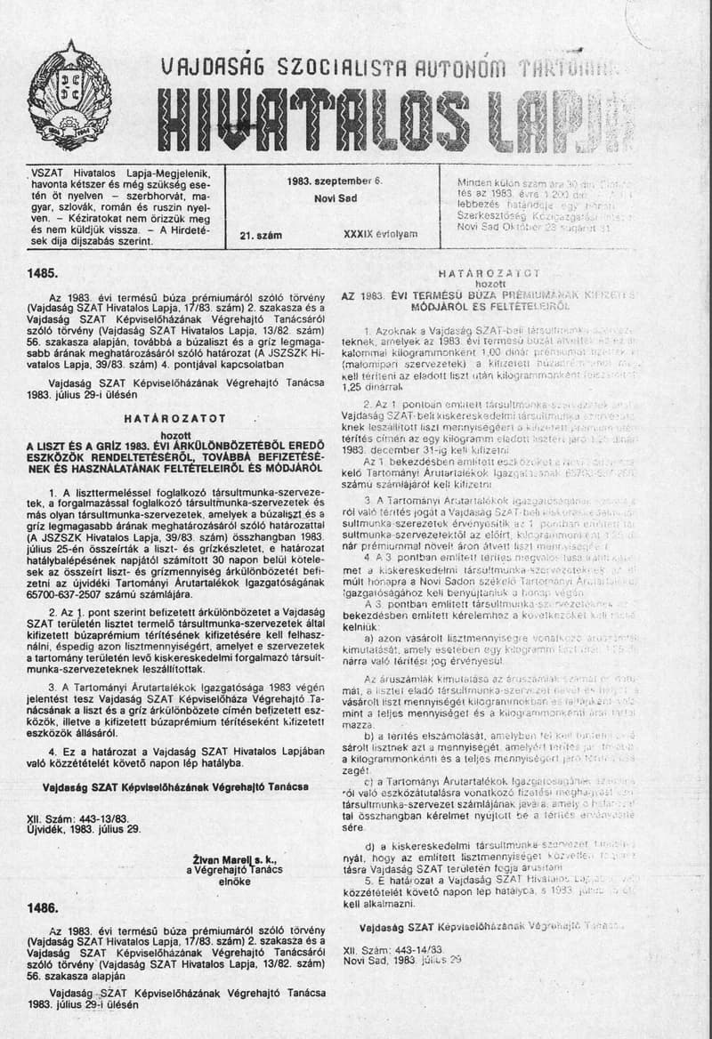 Vajdaság Szocialista Autonóm Tartomány Hivatalos Lapja, 39. évf. 1983. szeptember 6. 21. sz.