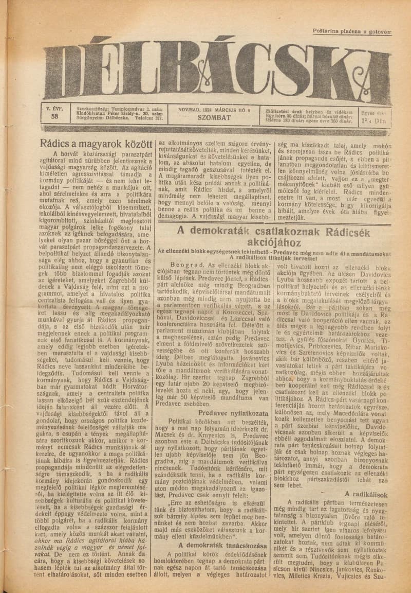 Délbácska, 5. évf. 1924. március 8. 58. sz.