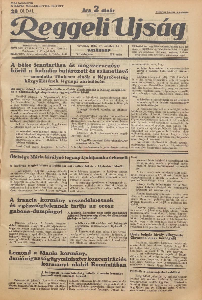 Reggeli Újság, 11. évf. 1930. október 5. 233. sz.
