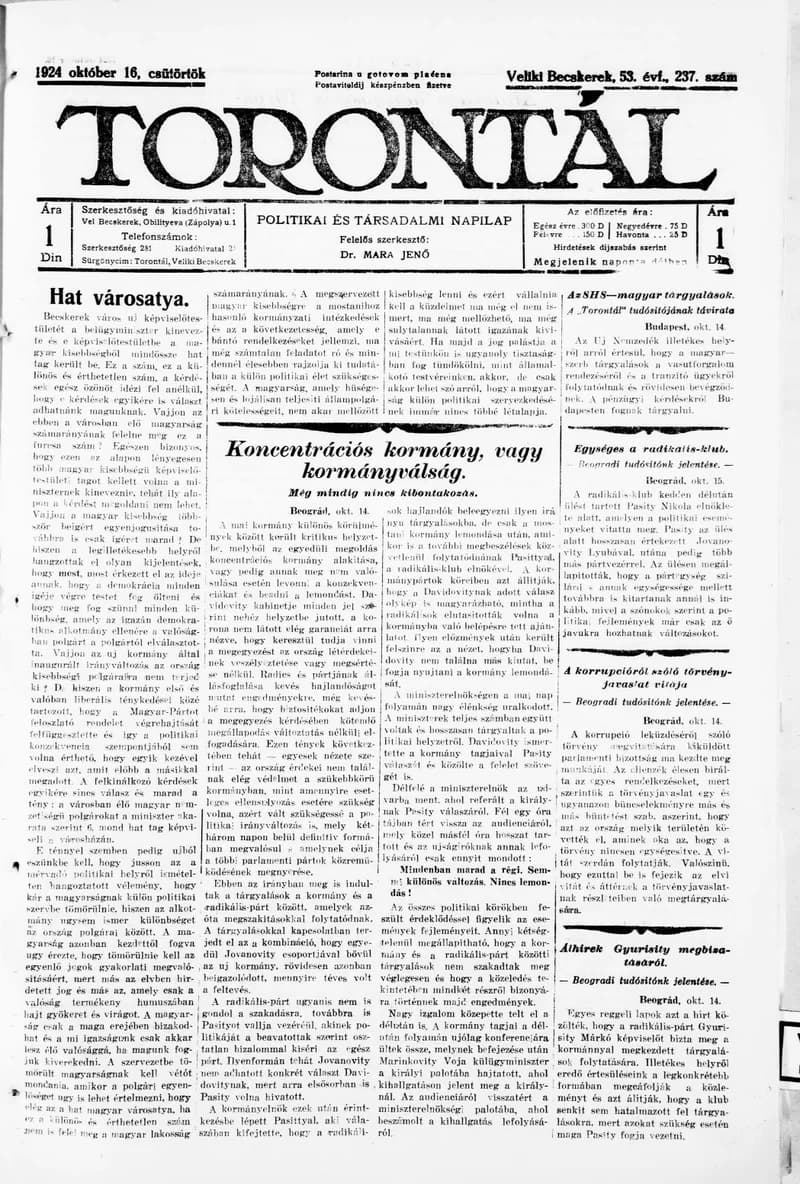 Torontál, 53. évf. 1924. október 16. 237. sz.