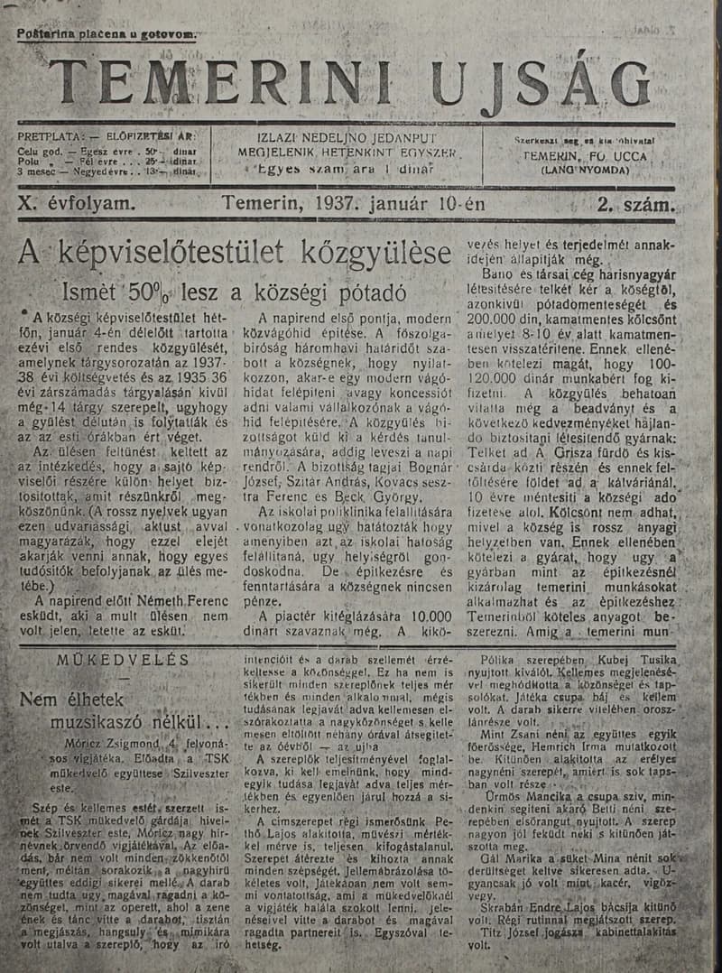 Temerini Újság 1928-1944, 10. évf. 1937. január 10. 2. sz.