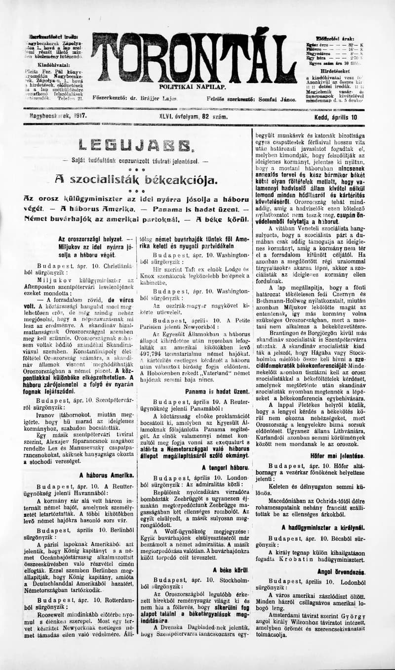 Torontál, 46. évf. 1917. április 10. 82. sz.