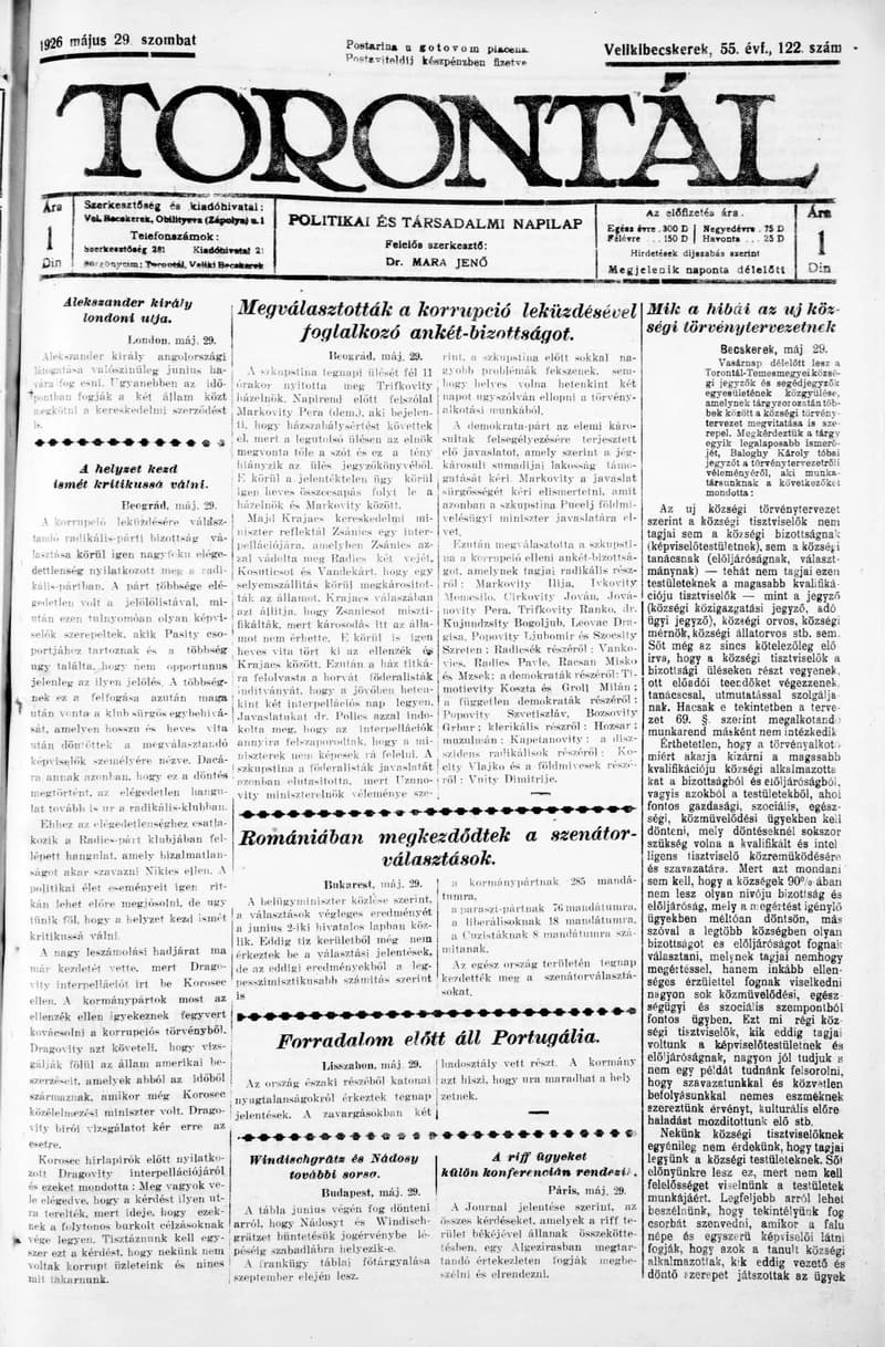 Torontál, 55. évf. 1926. május 29. 122. sz.
