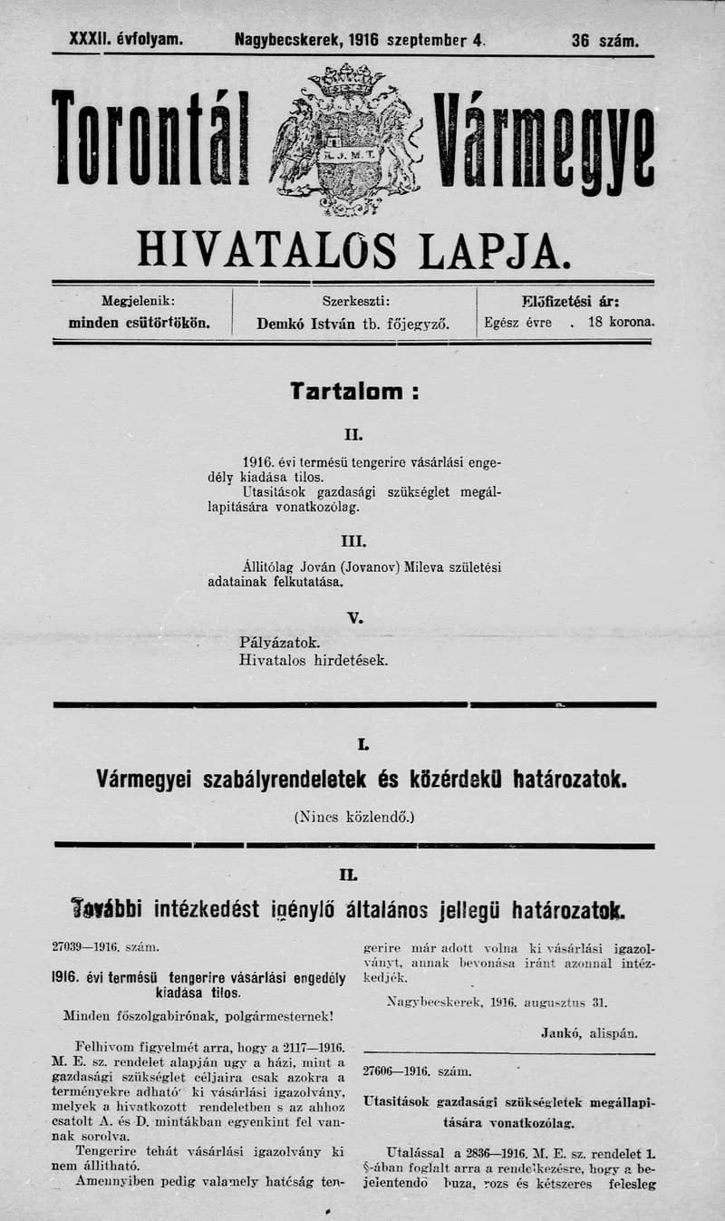 Torontál Vármegye Hivatalos Lapja, 32. évf. 1916. szeptember 4. 36. sz.