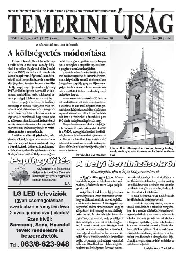 Temerini Újság, 23. évf. 2017. október 19. 42. sz.