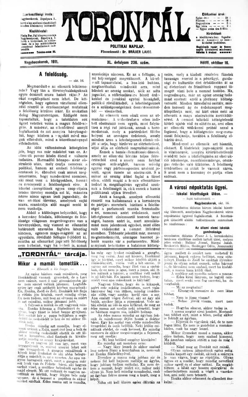 Torontál, 40. évf. 1911. október 16. 236. sz.