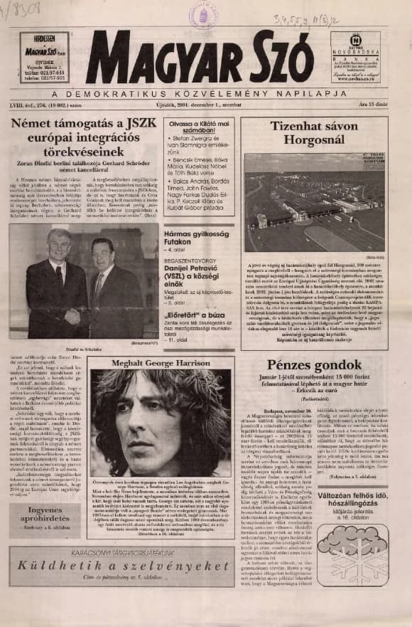 Magyar Szó, 58. évf. 2001. december 1. 276. sz. 1–16. oldal