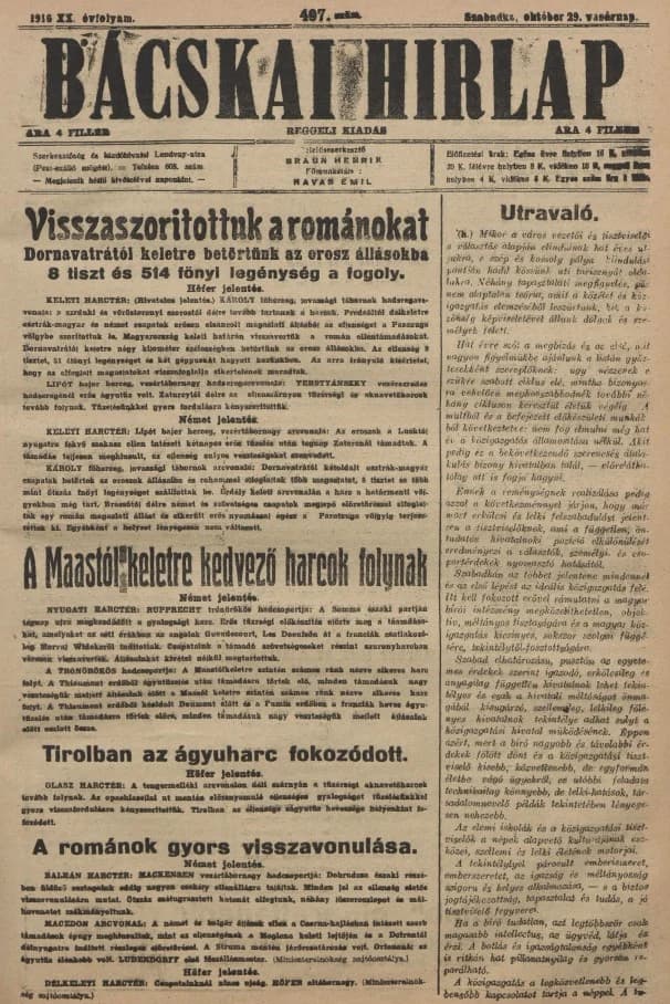 Bácskai Hirlap, 20. évf. 1916. október 29. 497. sz.
