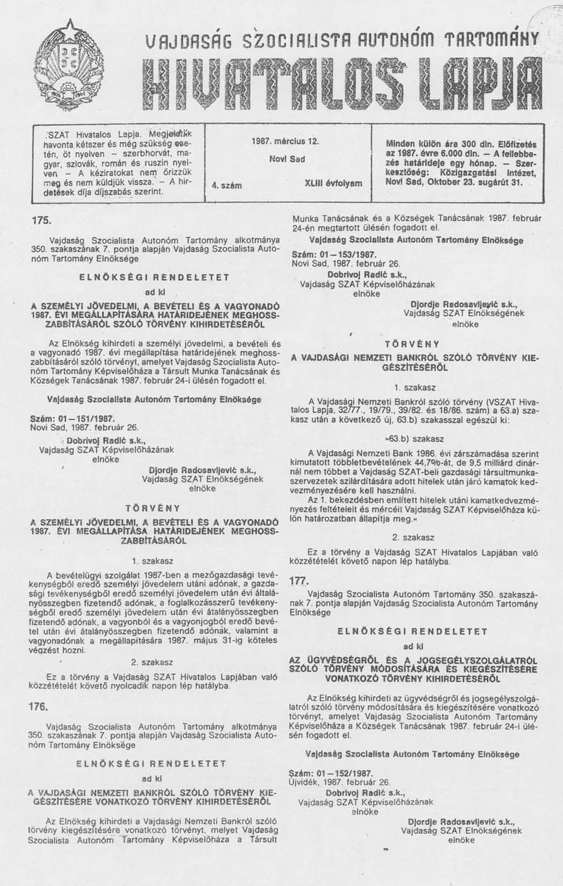 Vajdaság Szocialista Autonóm Tartomány Hivatalos Lapja, 43. évf. 1987. március 12. 4. sz.