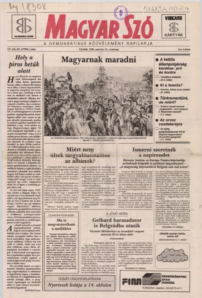 Magyar Szó, 55. évf. 1998. március 15. 65. sz. 1–24. oldal