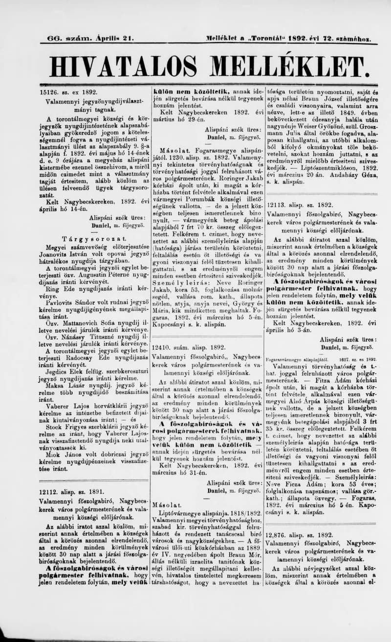 A Totontál  hivatalos melléklete, 5. évf. 1892. április 21. 66. sz.