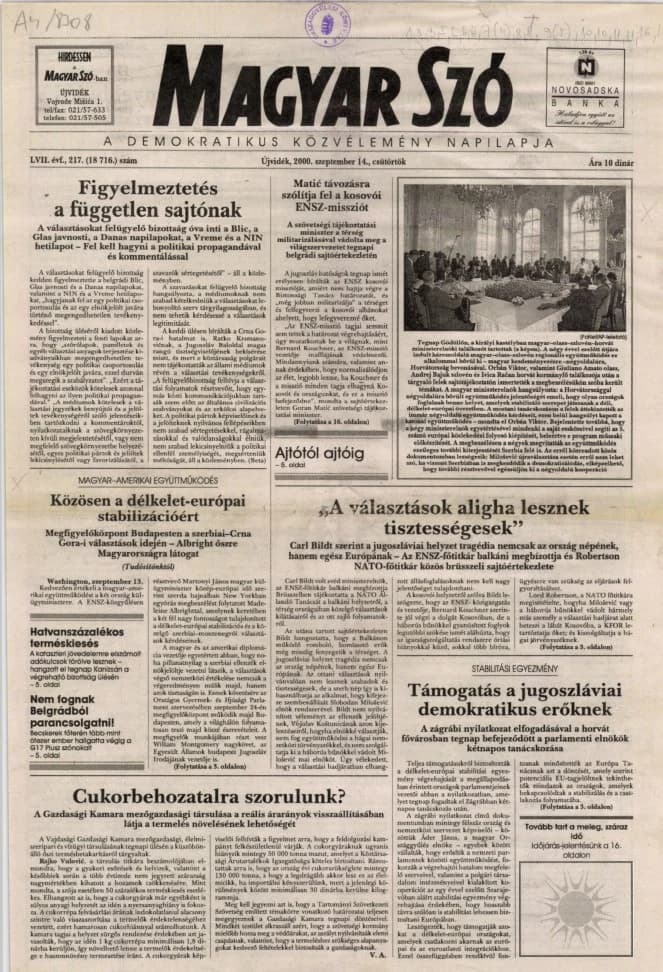 Magyar Szó, 57. évf. 2000. szeptember 14. 217. sz. 1–16. oldal
