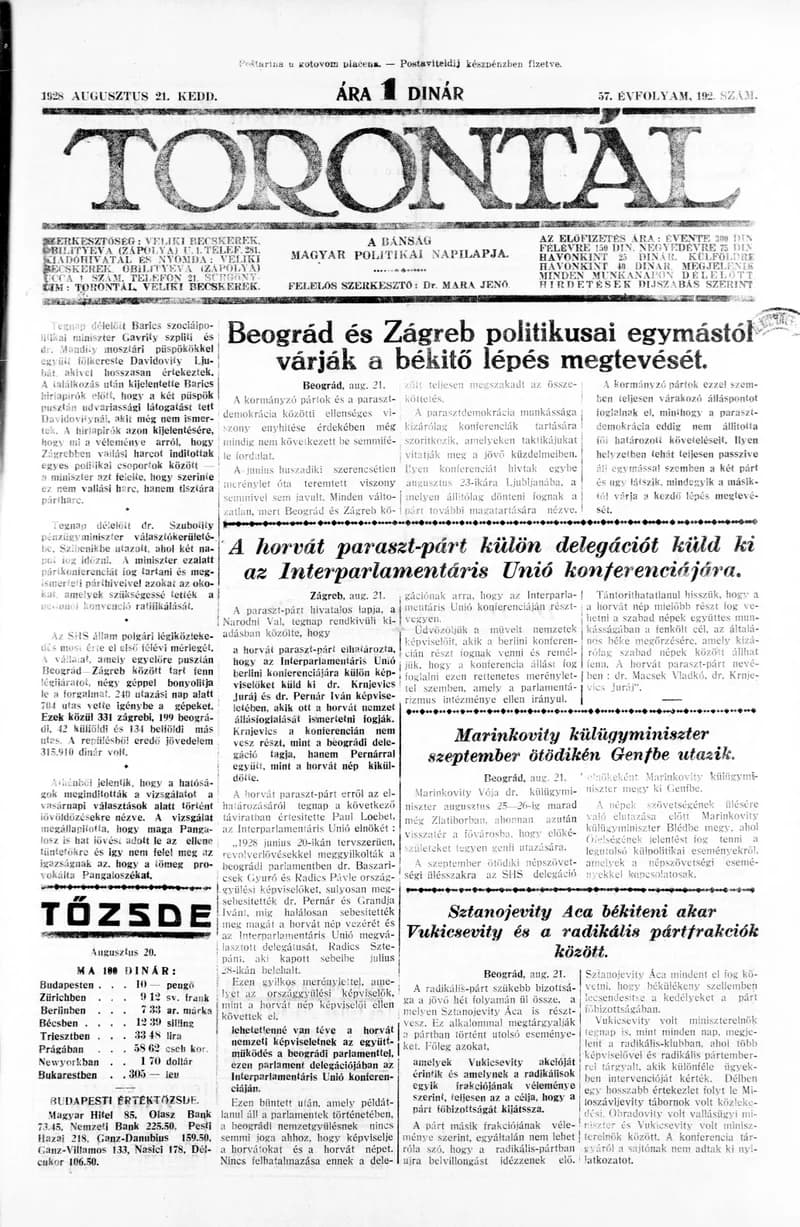 Torontál, 57. évf. 1928. augusztus 21. 192. sz.