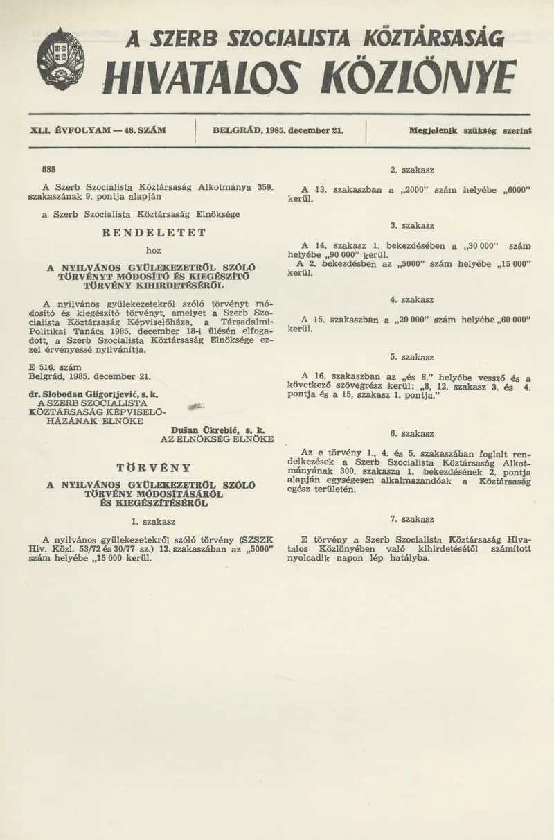 A Szerb Szocialista Köztársaság Hivatalos Közlönye, 41. évf. 1985. december 21. 48. sz.